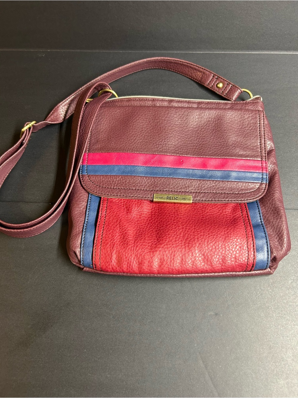 Relic Burgundy, Red and Blue Leather Crossbody Bag